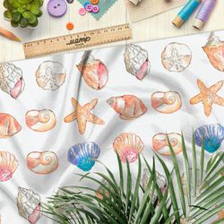 Ткань таффета разноцветные ракушки и морские звёзды