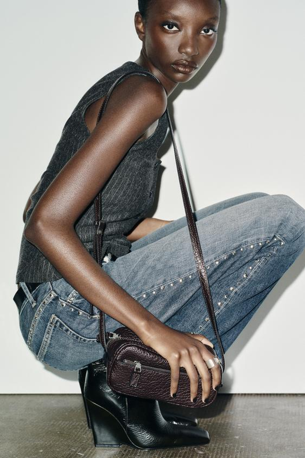 ZARA МИНИ-СУМКА БОУЛИНГ, БОРДОВО-КРАСНЫЙ