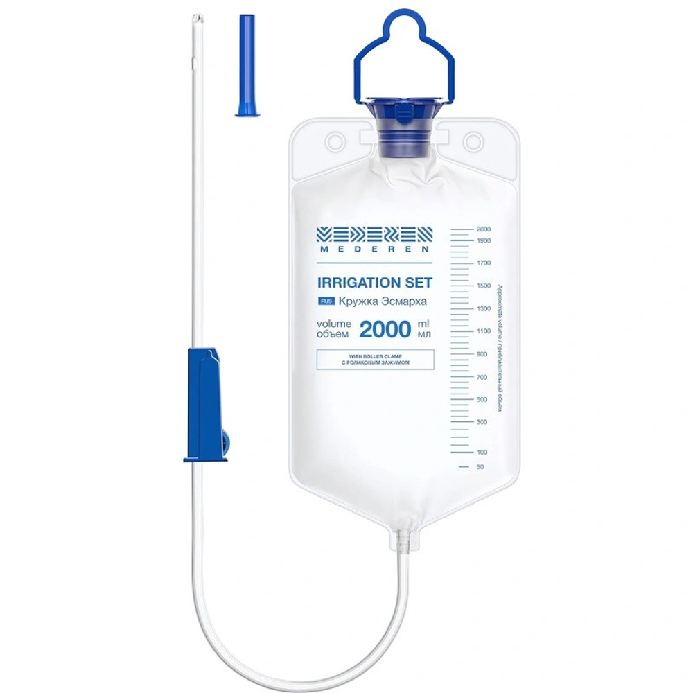 Кружка Эсмарха с роликовым зажимом Mederen одноразовая стерильная, 2 л