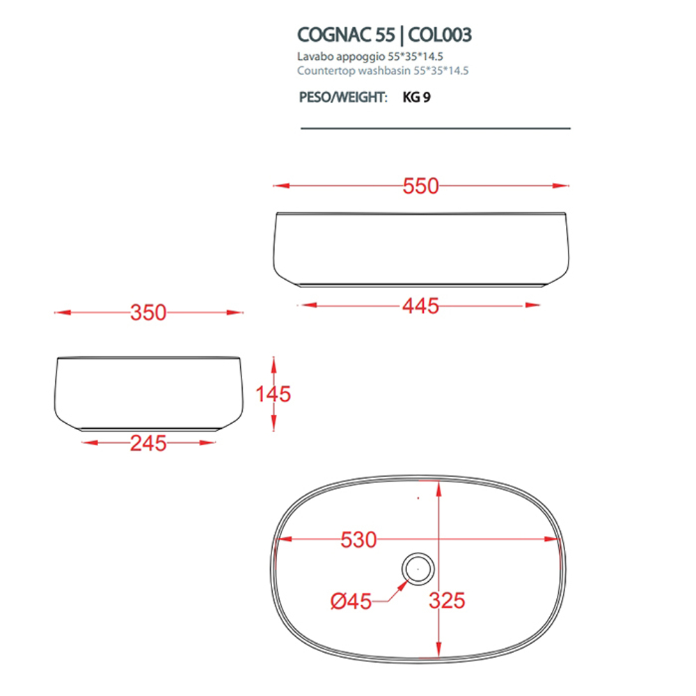 Раковина Artceram Cognac COL003 01 34 накладная 55 см, цвет белый глянцевый