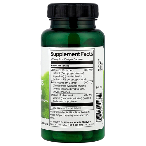 Swanson, Комплекс кордицепса с грибами рейши и шиитаке, 60 веганских капсул