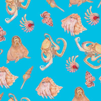 Seamless pattern of sea animals, sea shells.