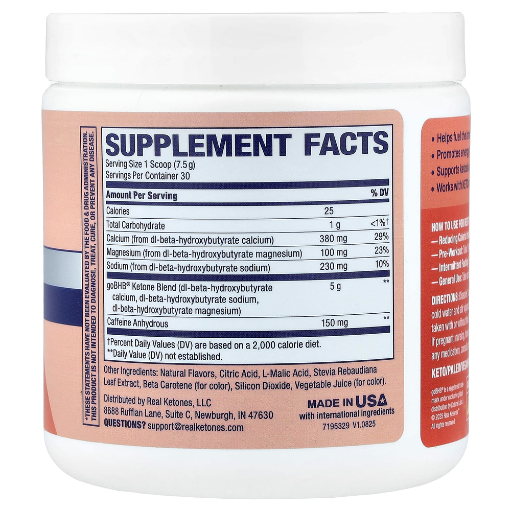 Real Ketones, Shift, смесь кетонов BHB и кофеина в порошке, со вкусом персика, 225 г (7,9 унции)
