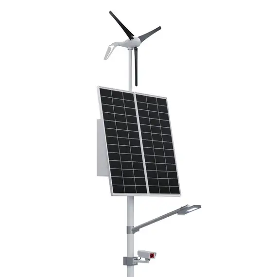 Автономная система видеонаблюдения с освещением на опоре (2 солнечные панели 200 Вт + ветрогенератор 400 Вт)