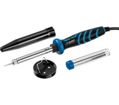 ЗУБР 40 Вт, в наборе: припой + подставка, 2к рукоятка, конус, керамический нагреватель, электропаяльник, Профессионал (55402-40)