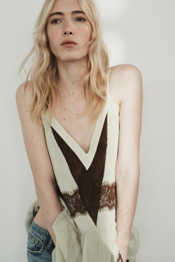 ZARA КОРОТКОЕ КОМБИНИРОВАННОЕ ПЛАТЬЕ С КРУЖЕВОМ, КОРИЧНЕВЫЙ/ЗЕЛЕНЫЙ