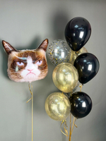 Шары воздушные на день рождения с гелием «Угрюмый кот» с фонтаном в черных и золотых цветах