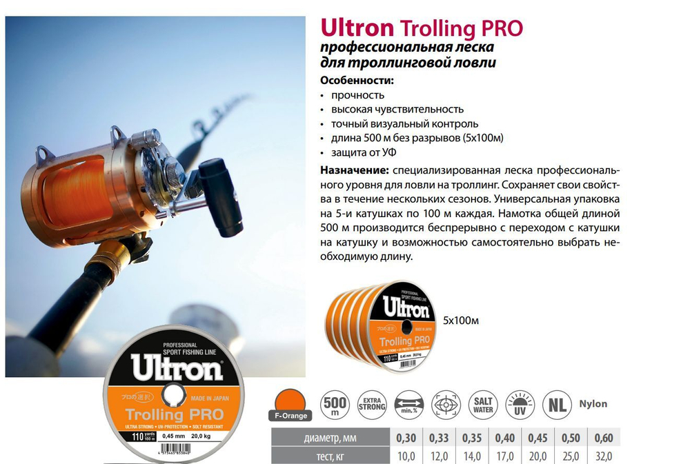 Монофильная леска рыболовная Trolling PRO 0,45 мм, 20,0 кг