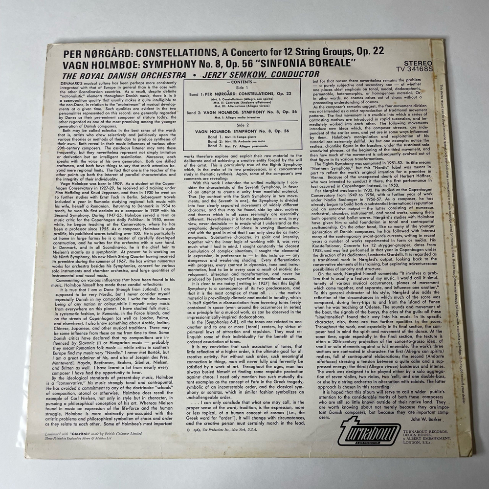 Винтажная виниловая пластинка Vagn Holmboe, Per Norgard, The Royal Danish Orchestra, Jerzy Semkow Symphony No. 8 Sinfonia Boreale, Constellations (Англия 1969)