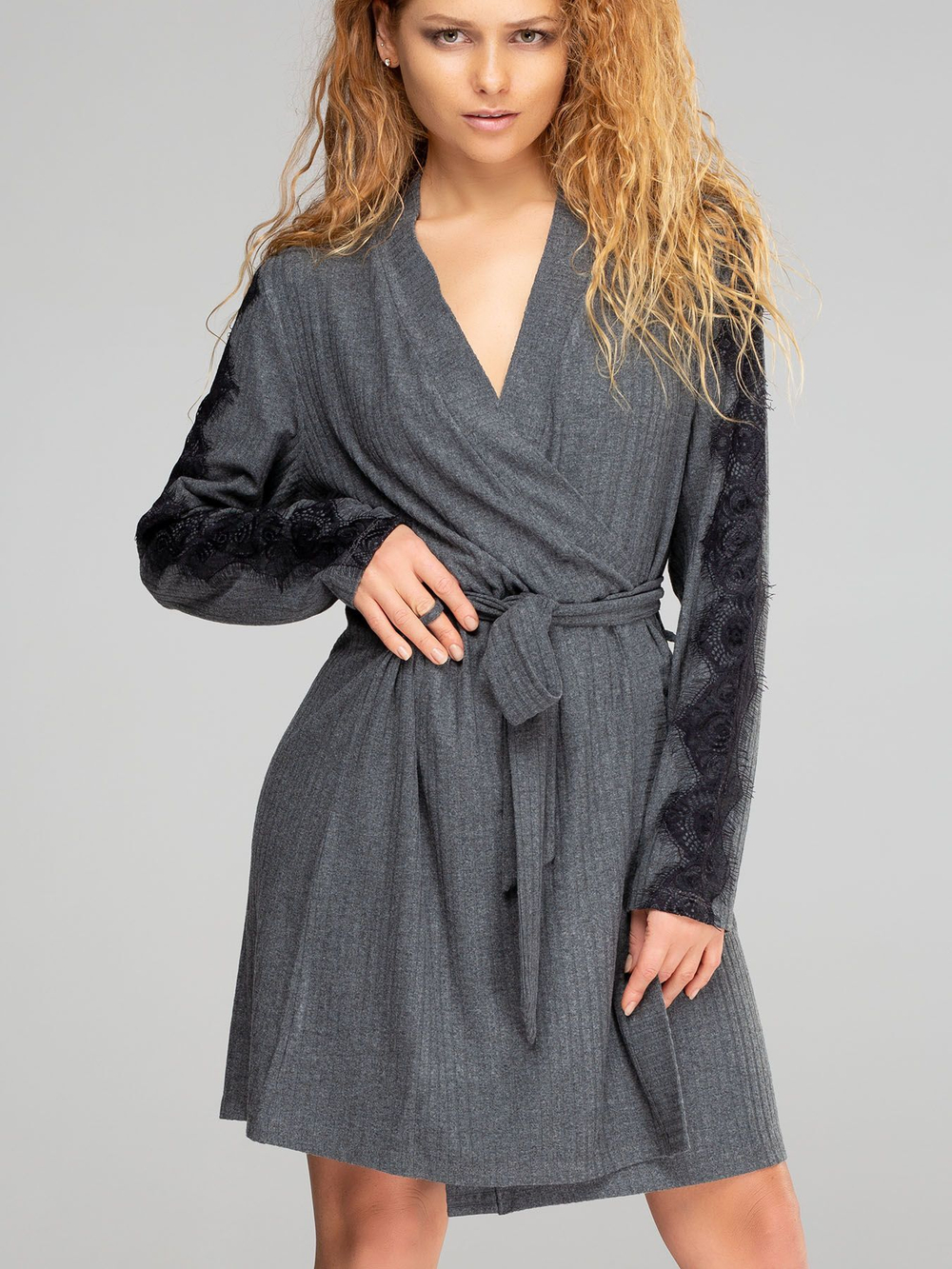 Женский домашний халат-кардиган из вискозы (Размер: XL) (Цвет: серый)