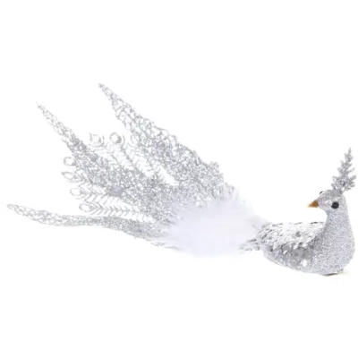 Новогоднее украшение «Волшебный павлин» 26*9,5*8 см (на прищепке), Серебро