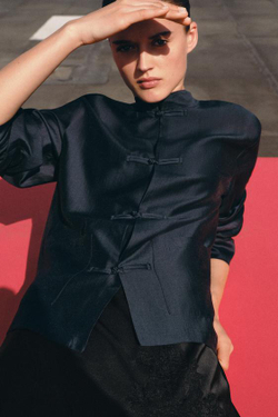 ZARA АТЛАСНАЯ РУБАШКА С ЗАСТЕЖКОЙ НА ПЕТЛИ ZW COLLECTION, МОРСКОЙ СИНИЙ