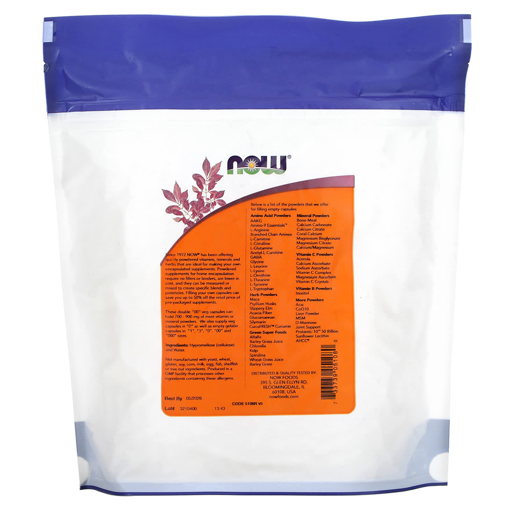 NOW Foods, Растительные двойные «00» капсулы, прибл. 750 пустых растительных капсул