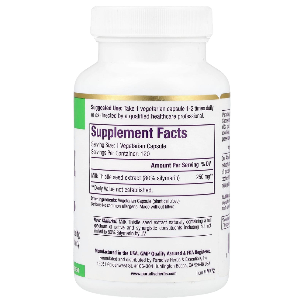 Paradise Herbs, Экстракт расторопши, 120 вегетарианских капсул (250 мг на капсулу)