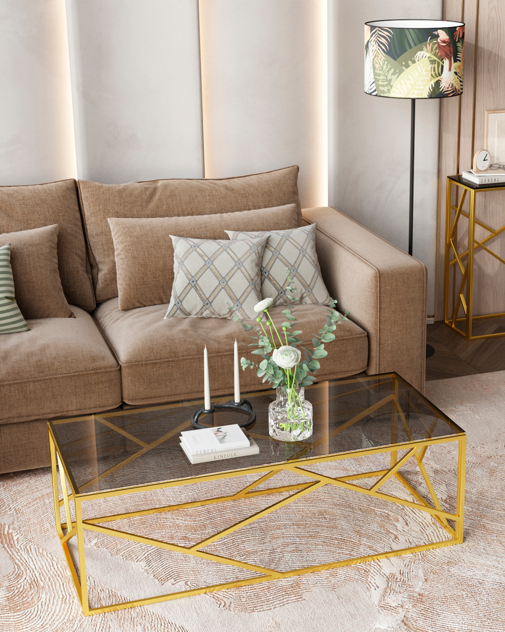 Журнальный стол 120*60 АРТ ДЕКО стекло smoke сталь золото