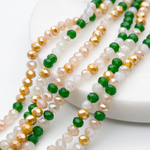 Бусины стекло с огранкой, цвет белый+зеленый+золотой, размер 3,5*4 мм, цена за нить 38 см