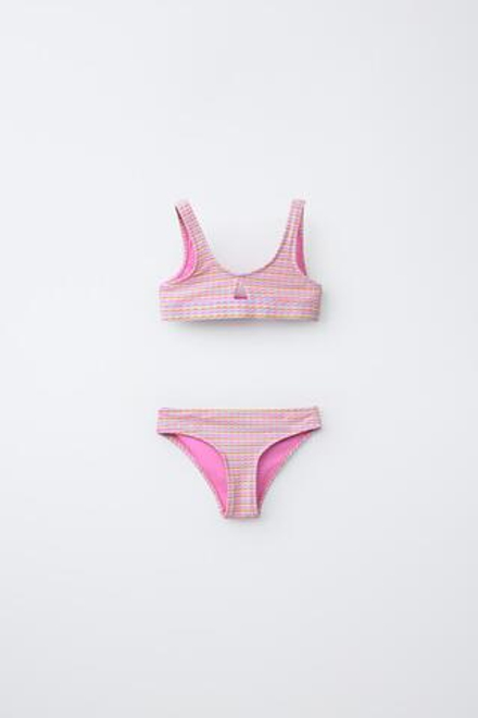 ZARA КУПАЛЬНИК ПОЛОСКУ СО СТРУКТУРНЫМ УЗОРОМ, ЦВЕТ ФУКСИИ