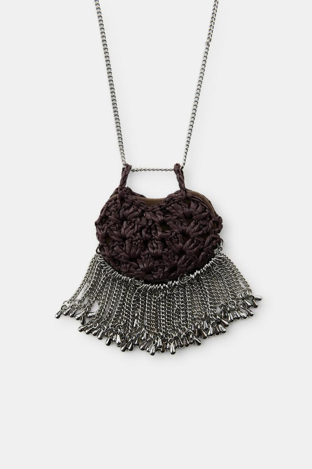 ZARA ДЛИННОЕ ОЖЕРЕЛЬЕ С СУМКОЙ, СВЯЗАННОЙ КРЮЧКОМ, КОРИЧНЕВЫЙ