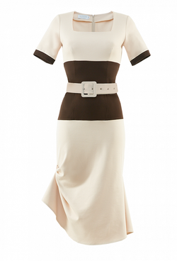 Трикотажное платье с поясом бежевое 02-03-20 SS