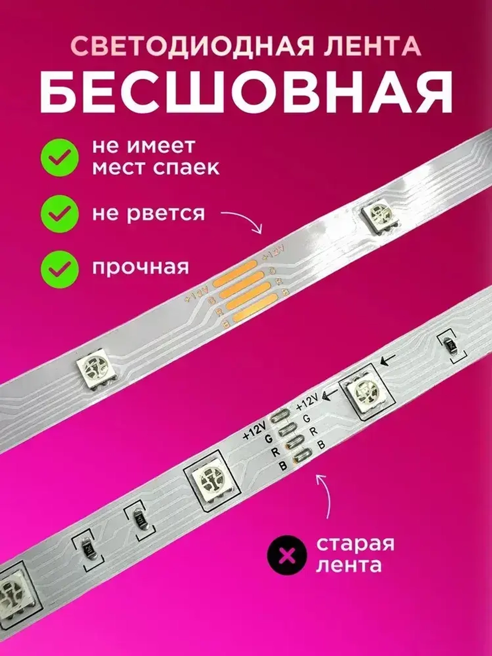 Светодиодная лента, 5м, с пультом, 12В, 150 LED, IP20, 30 LED/м, RGB