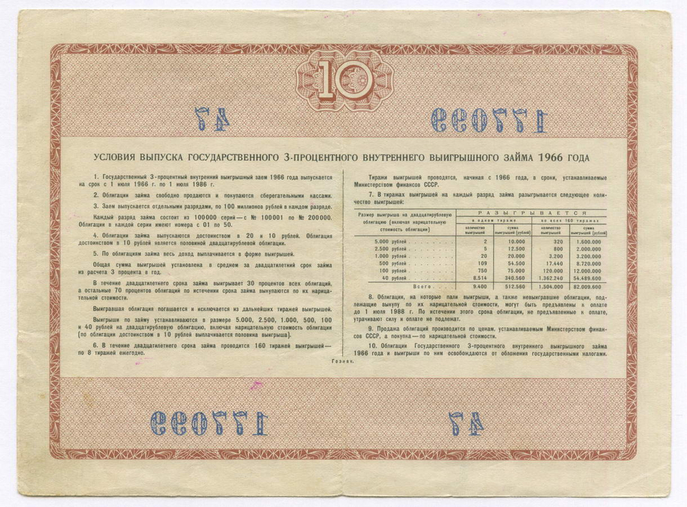 Облигация 10 рублей 1966 год. Серия № 177099. VF