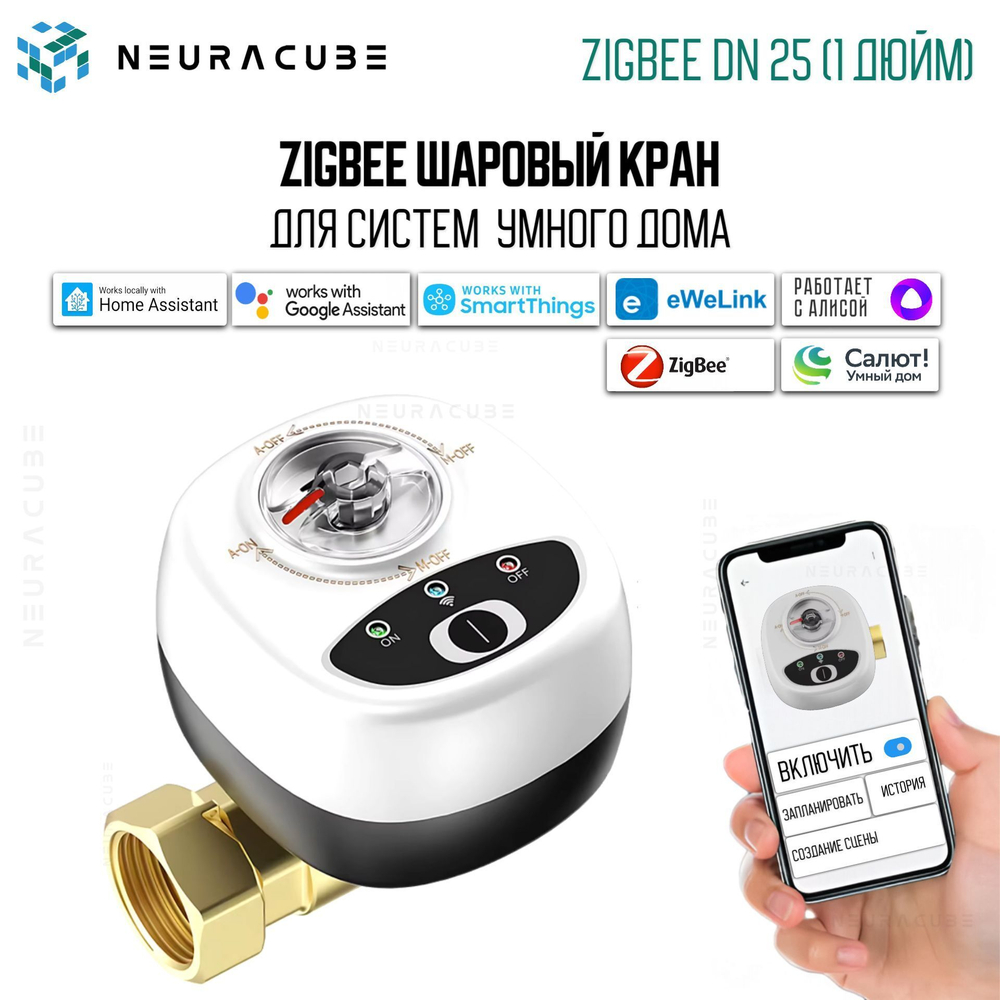 Умный Zigbee шаровый кран с электроприводом DN25 (1" дюйм) USB5V + ручное управление (Работает с eWelink, Алиса)