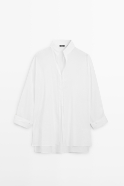 Massimo Dutti Льняная рубашка свободного кроя с воротником-стойкой, белый