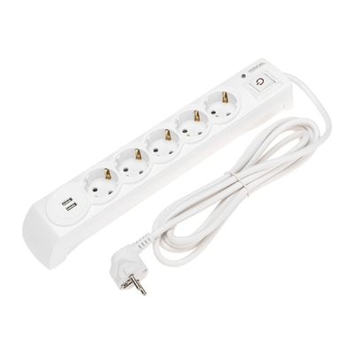 Kranz (13-4700) Фильтр сетевой 5 гнезд, 3м, 3х1,5мм?, с автовыкл, 2 USB, белый