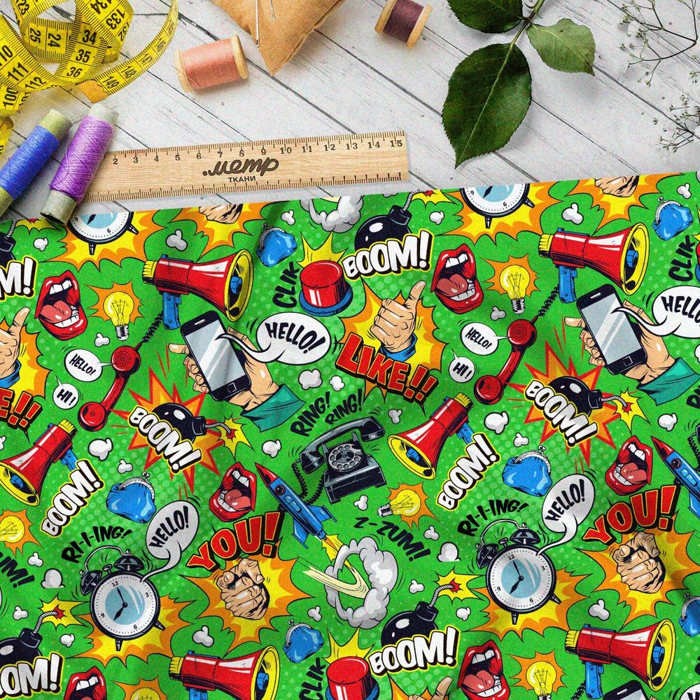 Ткань мембрана громкие предметы из комиксов на зелёном фоне