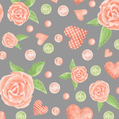 Розы, сердечки и пуговки на сером фоне