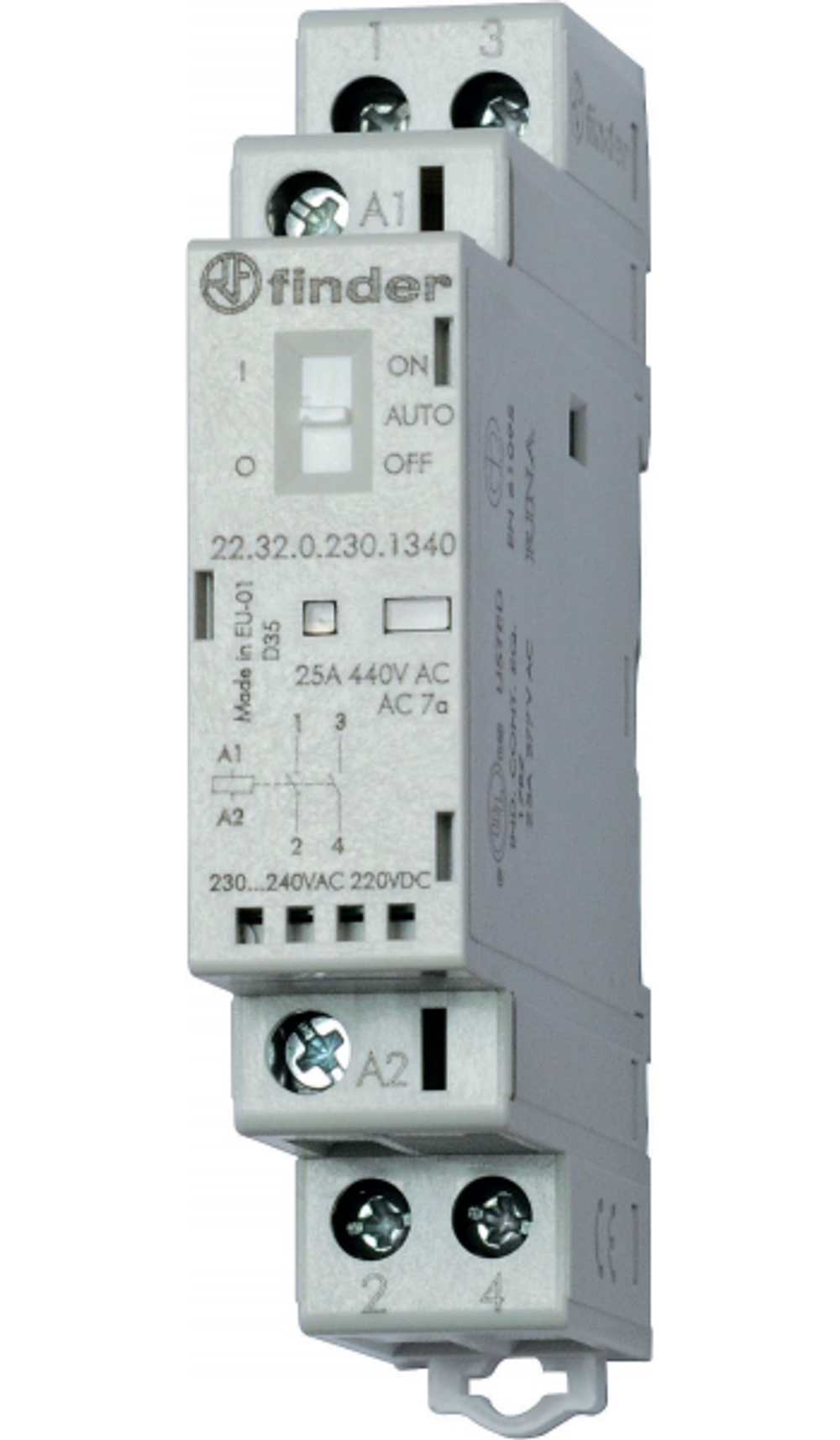 Контактор модульный 25А 230В 1НО+1НЗ АС/DC контакты AgSnO2 IP20 мех.индикатор +LED 223202304520 Finder