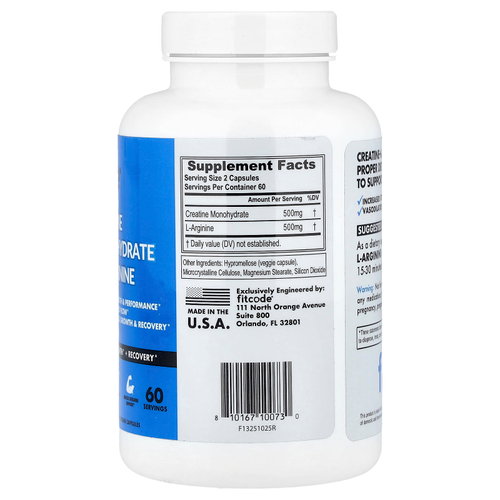 fitcode, моногидрат креатина и L-аргинина, 120 растительных капсул