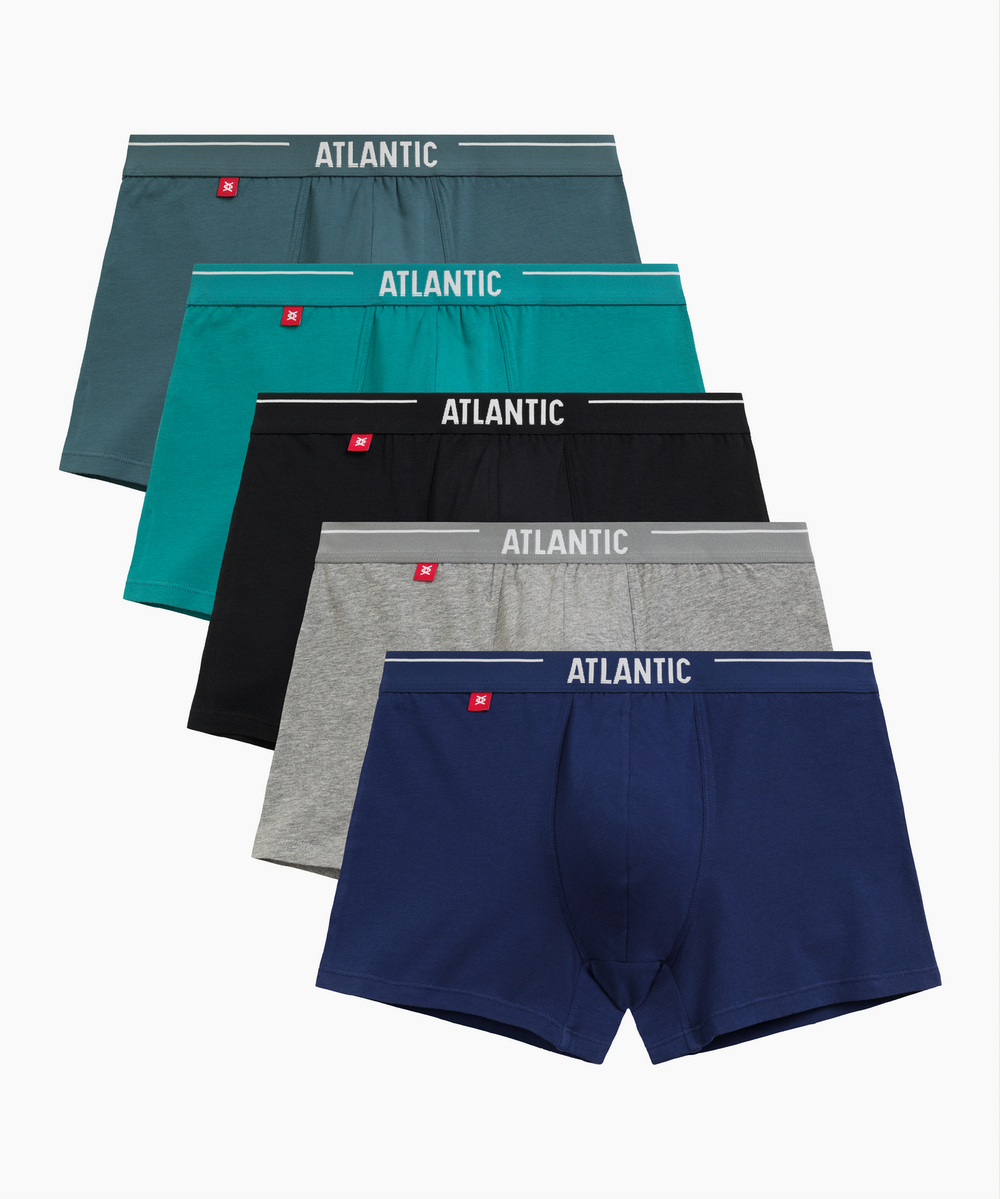Мужские трусы шорты Atlantic, набор из 5 шт., хлопок, морская волна + бирюзово-зелёные + чёрные + серые меланж + тёмно-голубые, 5SMH-004