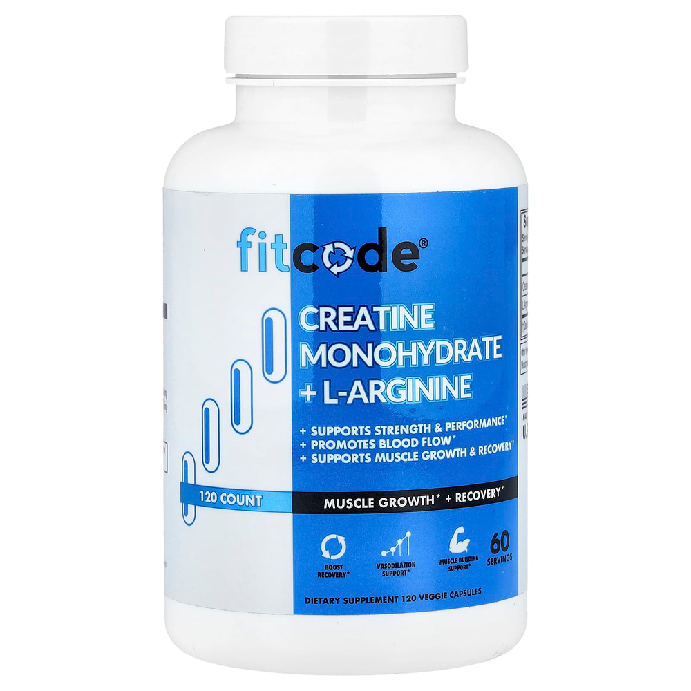 fitcode, моногидрат креатина и L-аргинина, 120 растительных капсул
