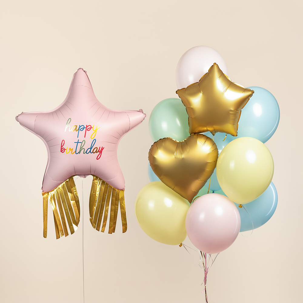 Звезда "Розовая Happy Birthday с золотой бахромой"