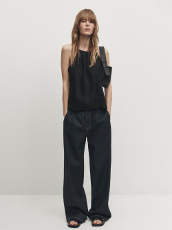 Massimo Dutti Короткий топ из льняной смеси, черный