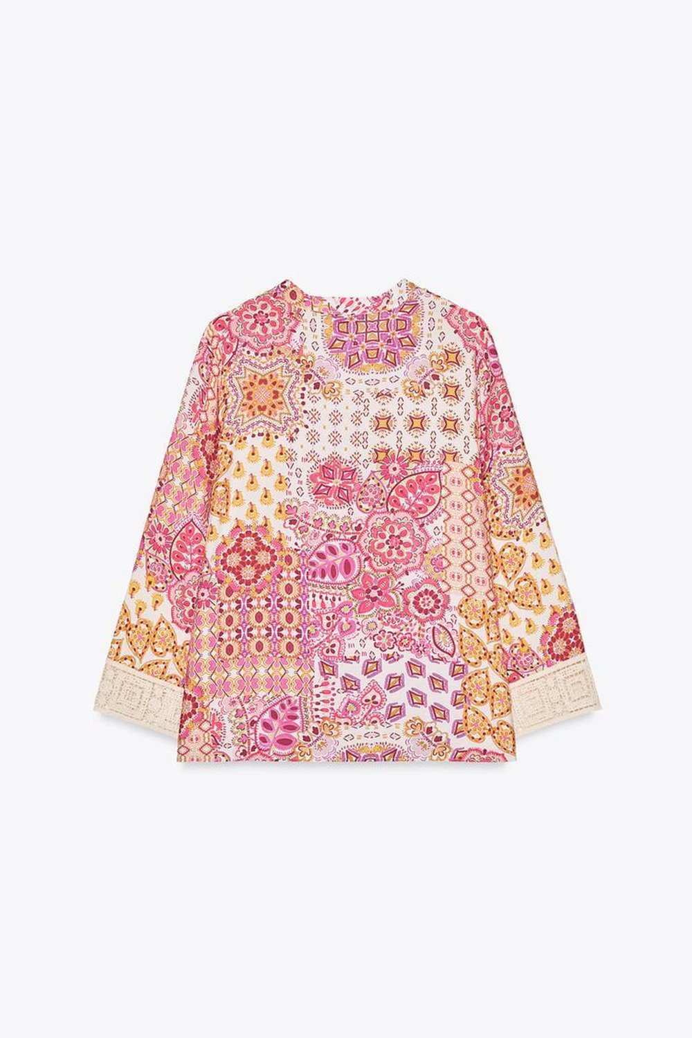 ZARA БЛУЗА ИЗ ТКАНИ С ПРИНТОМ И ДЕТАЛЯМИ ИЗ ГИПЮРА НА РУКАВАХ, РАЗНОЦВЕТНЫЙ