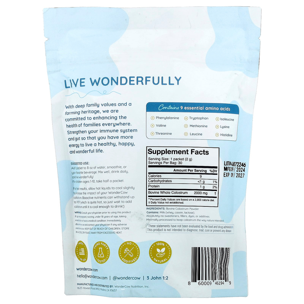 Wondercow, Молозиво в порошке, без добавок, 30 пакетиков по 2 г (0,07 унции)