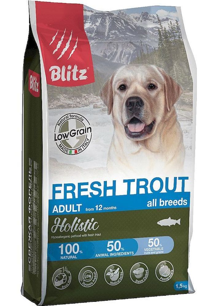 BLITZ ADULT FRESH TROUT/низкозерновой корм для взр. собак Свежая Форель/1,5 кг