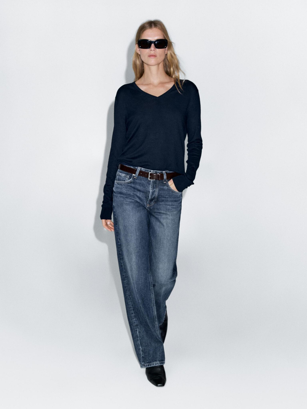 Massimo Dutti Джинсы со средней посадкой и широкими штанинами, средне-синий