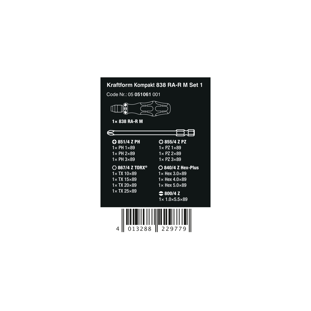 Набор с трещоточной отвёрткой Kraftform Kompakt 838 RA-R M Set 1 Wera 05051061001