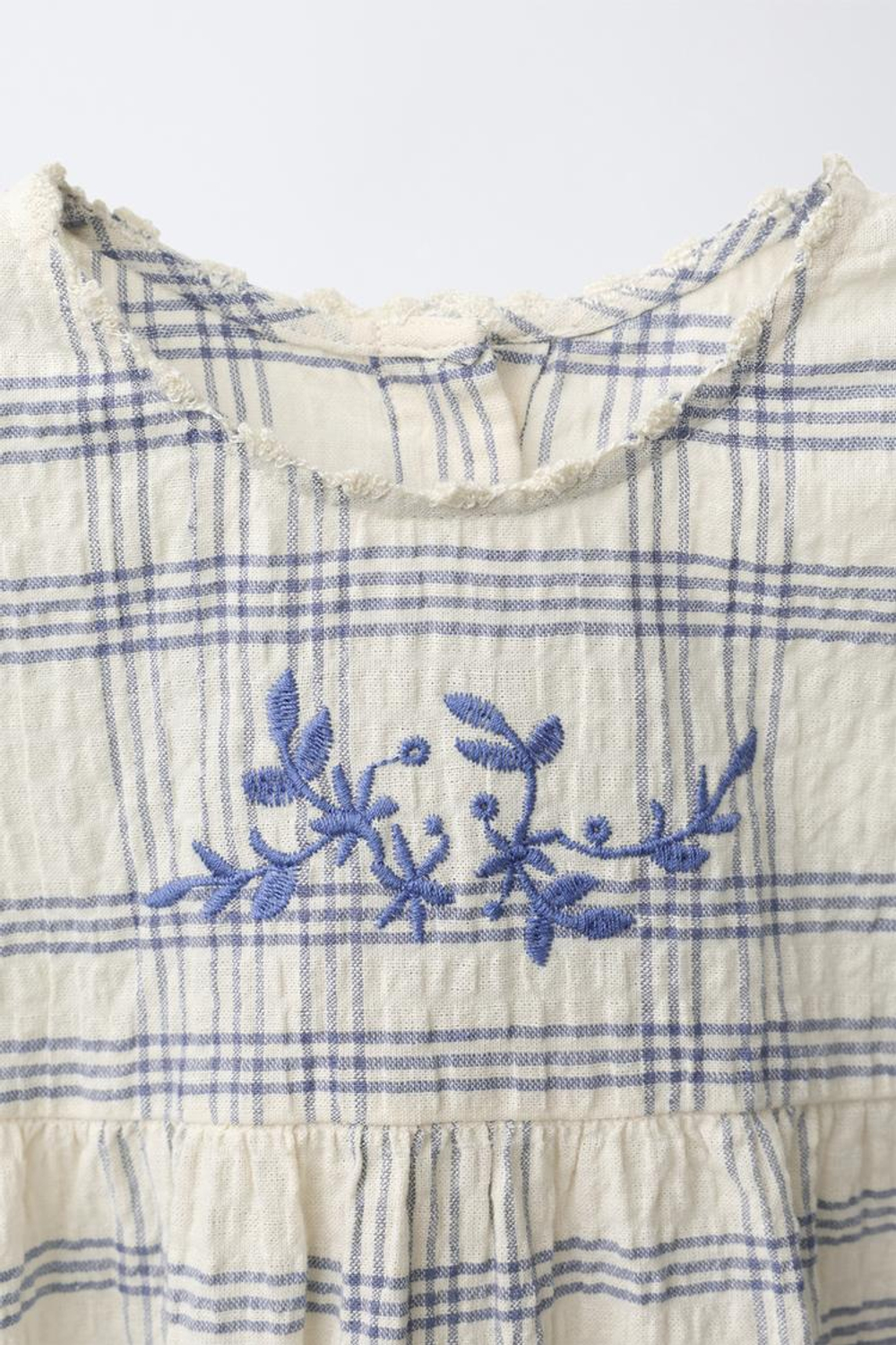 ZARA КОМБИНЕЗОН В КЛЕТКУ С ВЫШИВКОЙ, ЭКРЮ/СИНИЙ