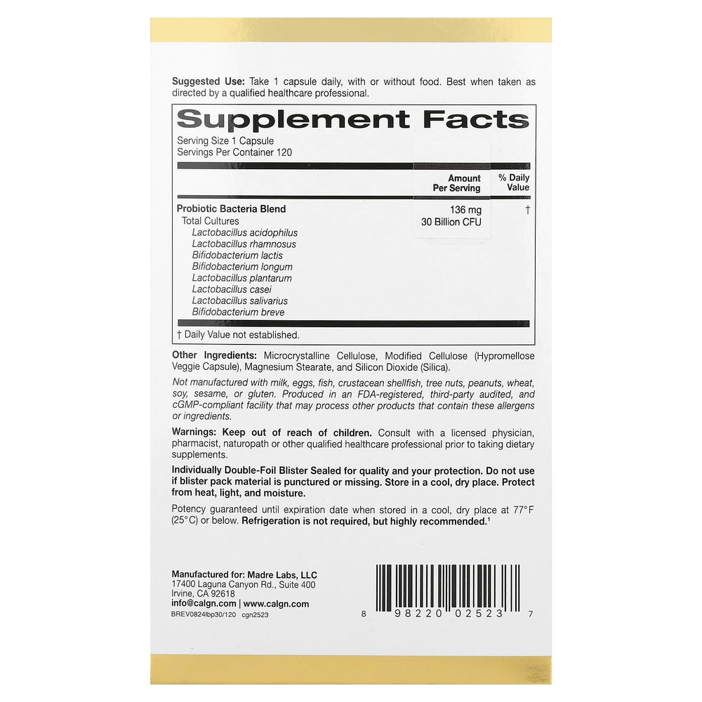 California Gold Nutrition, LactoBif® 30, пробиотики, 30 млрд КОЕ, 120 растительных капсул