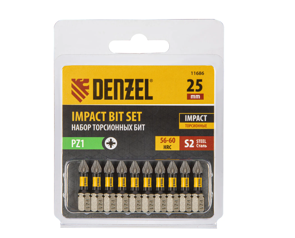 Бита IMPACT, PZ1x25 мм, лазерная обработка шлица, сталь S2, 10 шт., Е 6,3 Denzel 11686