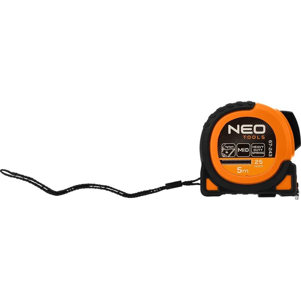 Стальная рулетка NEO TOOLS Super Black 5 м, 25 мм, автоблокировка, две кнопки остановки, магнит 67-243