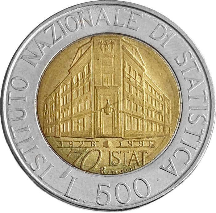 500 лир 1996 Италия «70 лет Национальному институту статистики»