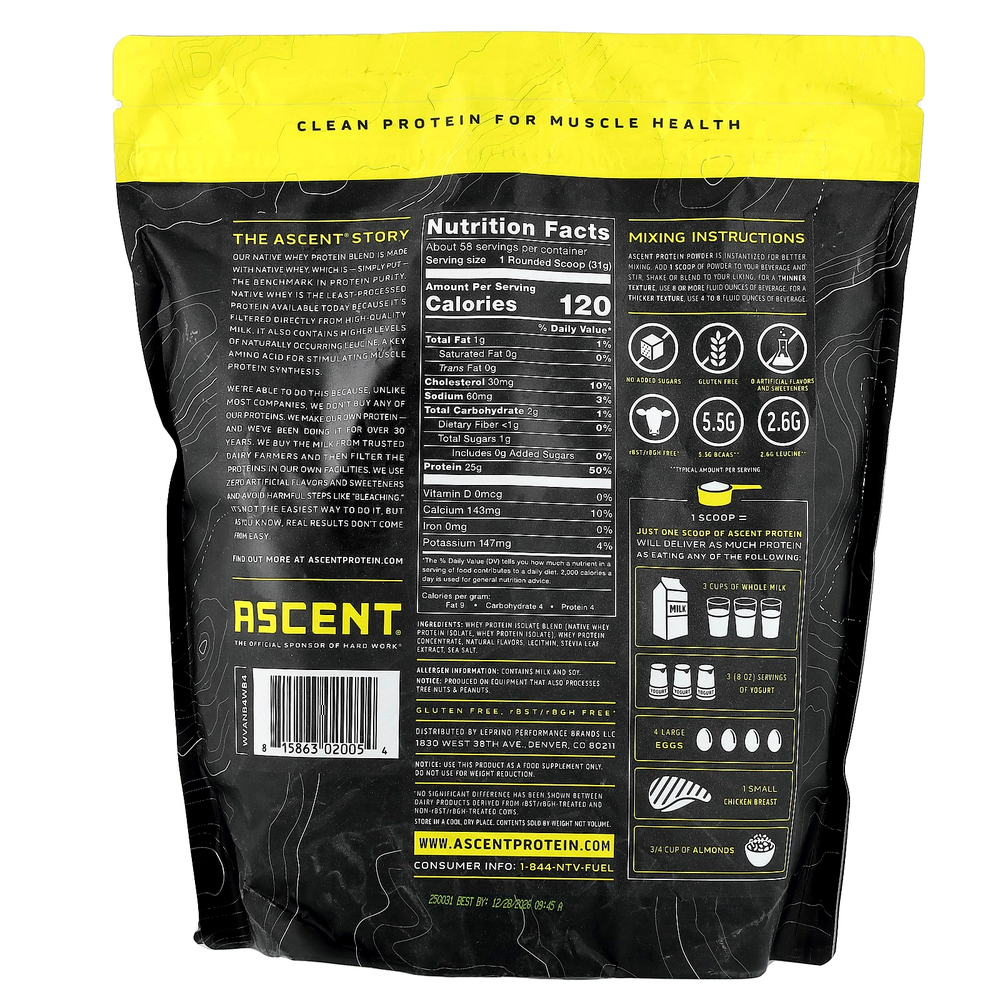 Ascent, Native Whey Protein Blend, Vanilla Bean, 4 lb (1.8 kg)