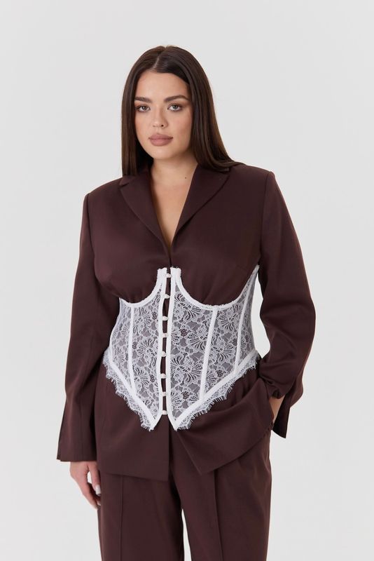 Жакет однобортный приталенный на крючках, горький шоколад