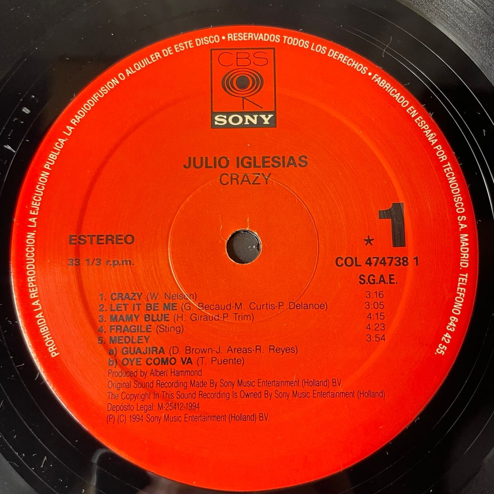 Винтажная виниловая пластинка LP Julio Iglesias Crazy (Испания 1994)
