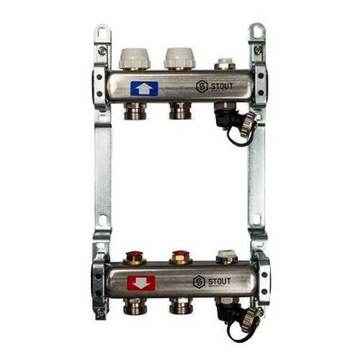 Коллекторная группа для радиаторного отопления STOUT SMS0932 - 1" на 2 контура 3/4"EK (нерж.сталь)